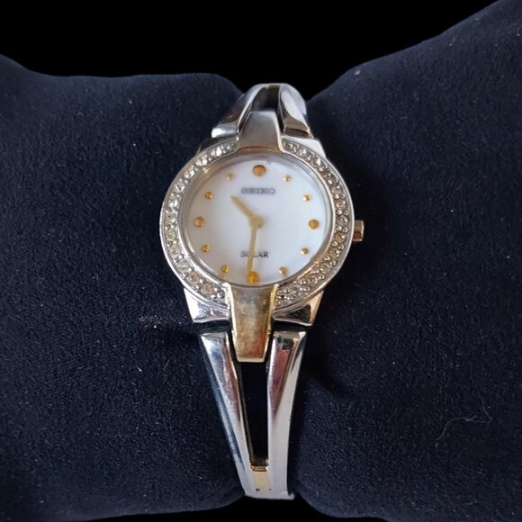 SEIKO Solar Ladies Watch Two Tone White Face Crystal Accented - Picture 3 of 13